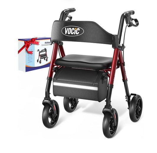 VOCIC  Walkers For Seniors - Z21 Rollator Walker with Seat Supports 350Lbs. 8" Big WheelsFor All Terrain , Ergonomic Arc Seat & 6 inch Ultra Backrest Foldable Walker, Dual Height Adjustment Lightweight - Ruby Red