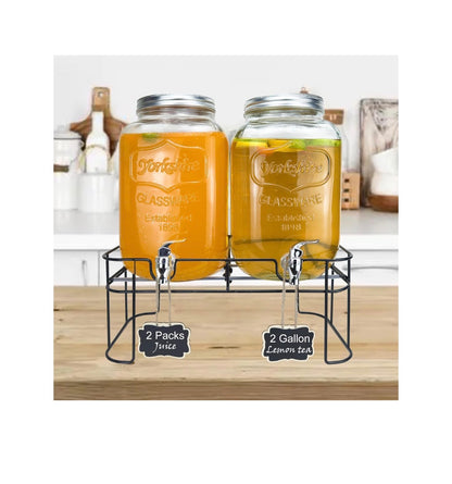 2 Gallon Larger Glass Drink Dispenser for Parties, 2 Packs Juice Lemonade Ice Tea Water Dispenser with Stand, Henable Beverage Dispensers with Spigot for BBQ, Picnic, Party (New in Box)