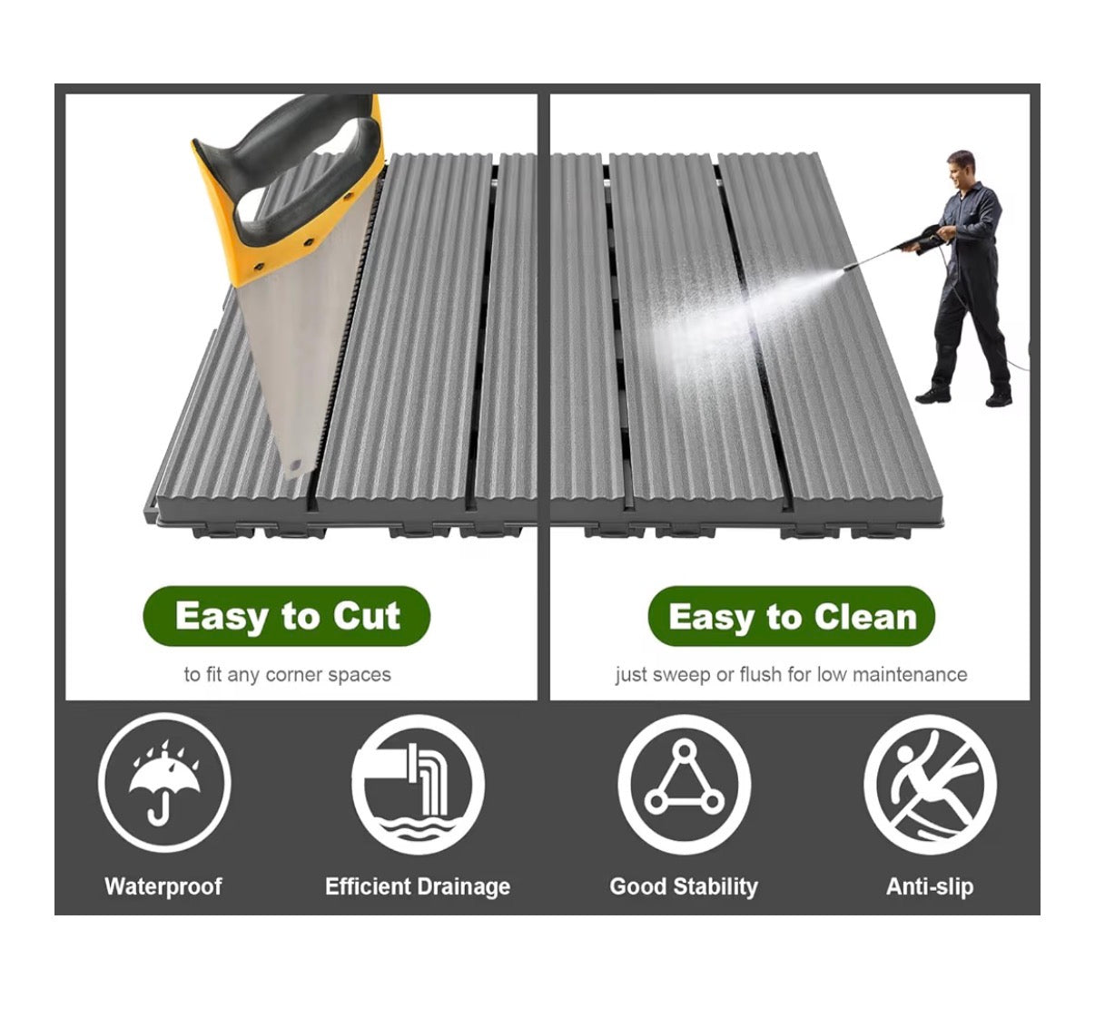 Prime Zone 54 Pieces Plastic Interlocking Patio Deck Tiles 12 Inches X 12 Inches Anti-Slip Waterproof Outdoor Flooring Decor, Floor Decking for Balcony, Backyard, Garden & Poolside, All Weather Use (Gray) (New in Box)