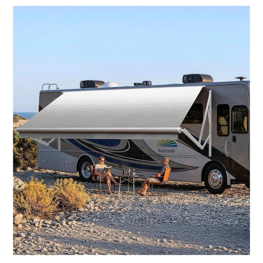 Suncode RV Awning for RV, Camper and Travel Trailers-Manual RV Awning Complete Kit, Manuel Camper Awning, RV Roll out Awning 20ft X 8ft White Frame & Silver Fade (New in Box)