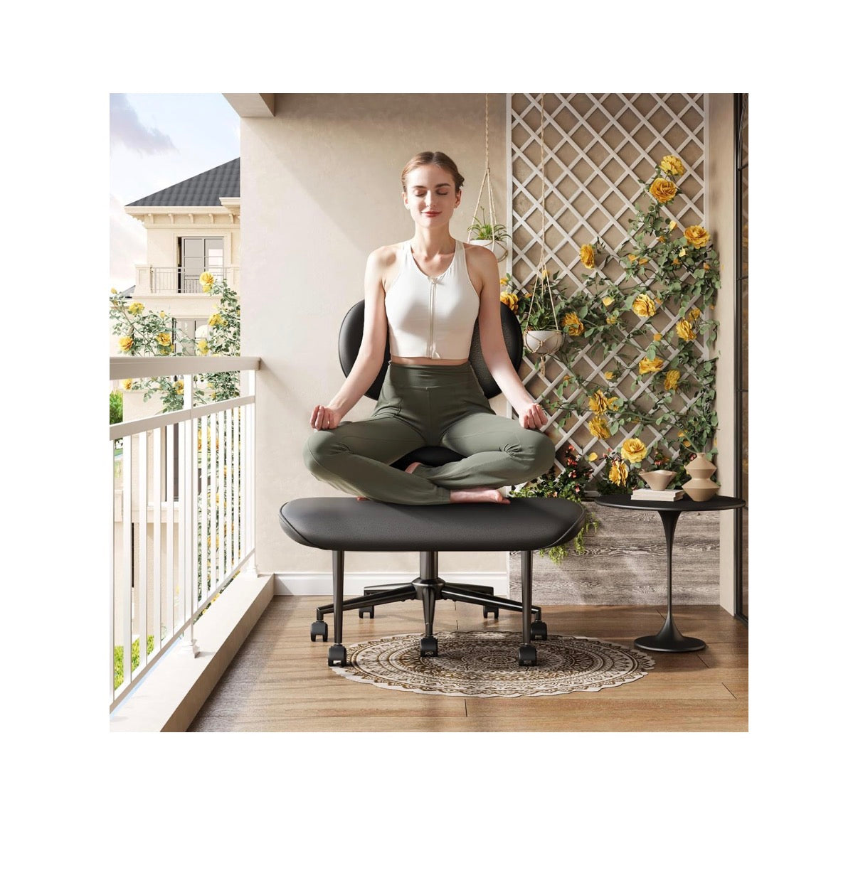 Pinmoco Upgraded Cross Legged Office Chair with Wheels, ADHD Chair for Adults, Wider Height Adjustable Backrest and Seat, Meditation Chair, Ergonomic & Yoga Office Chair (PU Leather Black) (New in Box)