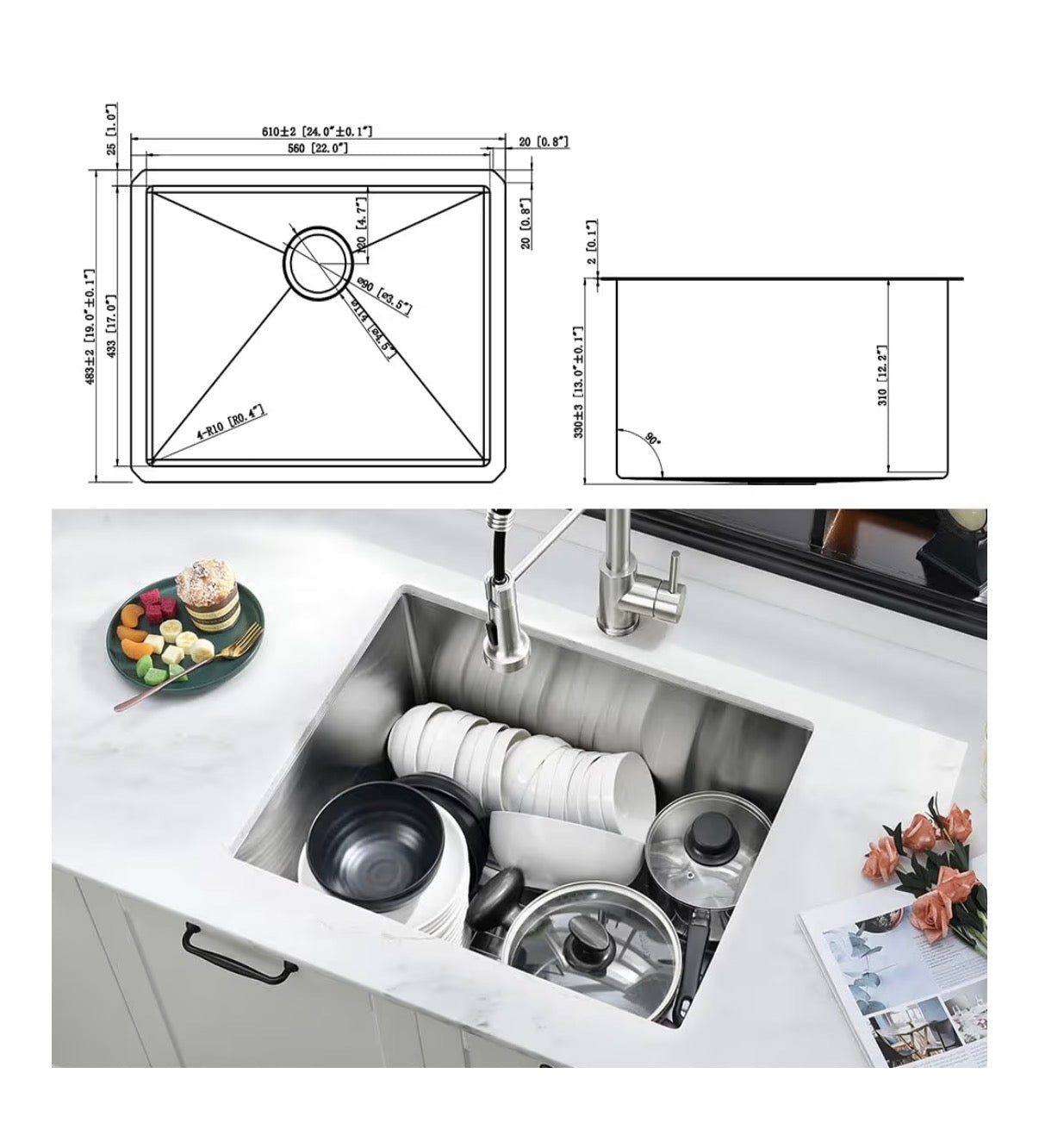 24 Inch Laundry Sink with Faucet Combo 24"X19"X13" Inch Stainless Steel Utility Sink 16 Gauge Laundry Room Sink Single Bowl Deep kitchen Sink Outdoor with Faucet Combo