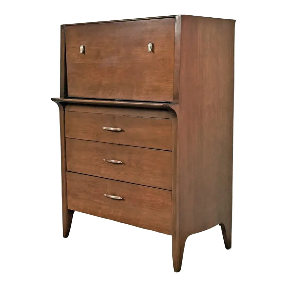 Mid-century modern wooden chest of drawers with a top cabinet featuring two small round knobs and three lower drawers with horizontal bar handles, shown on a plain white background.
