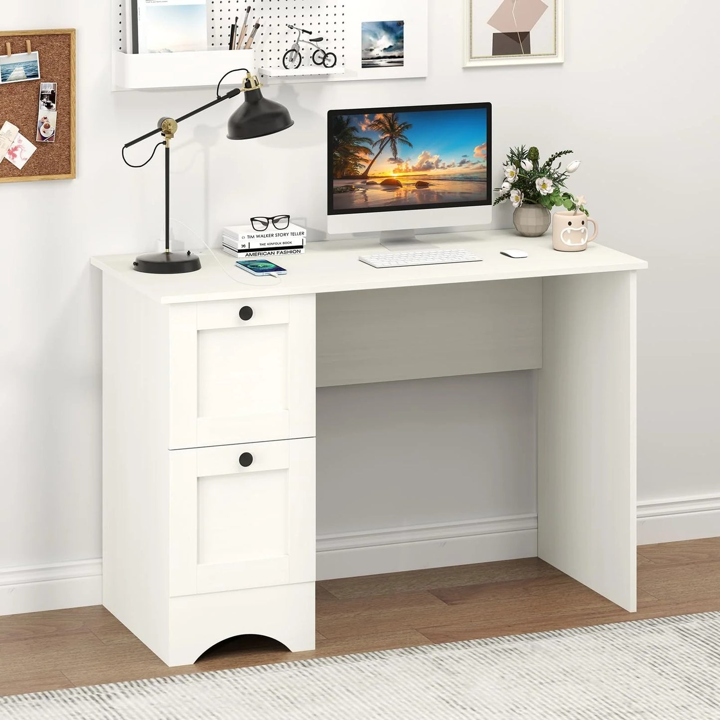 (New) Giantex White Desk with 2 Drawers, 43” Wooden Home Office Desk with Charging Station