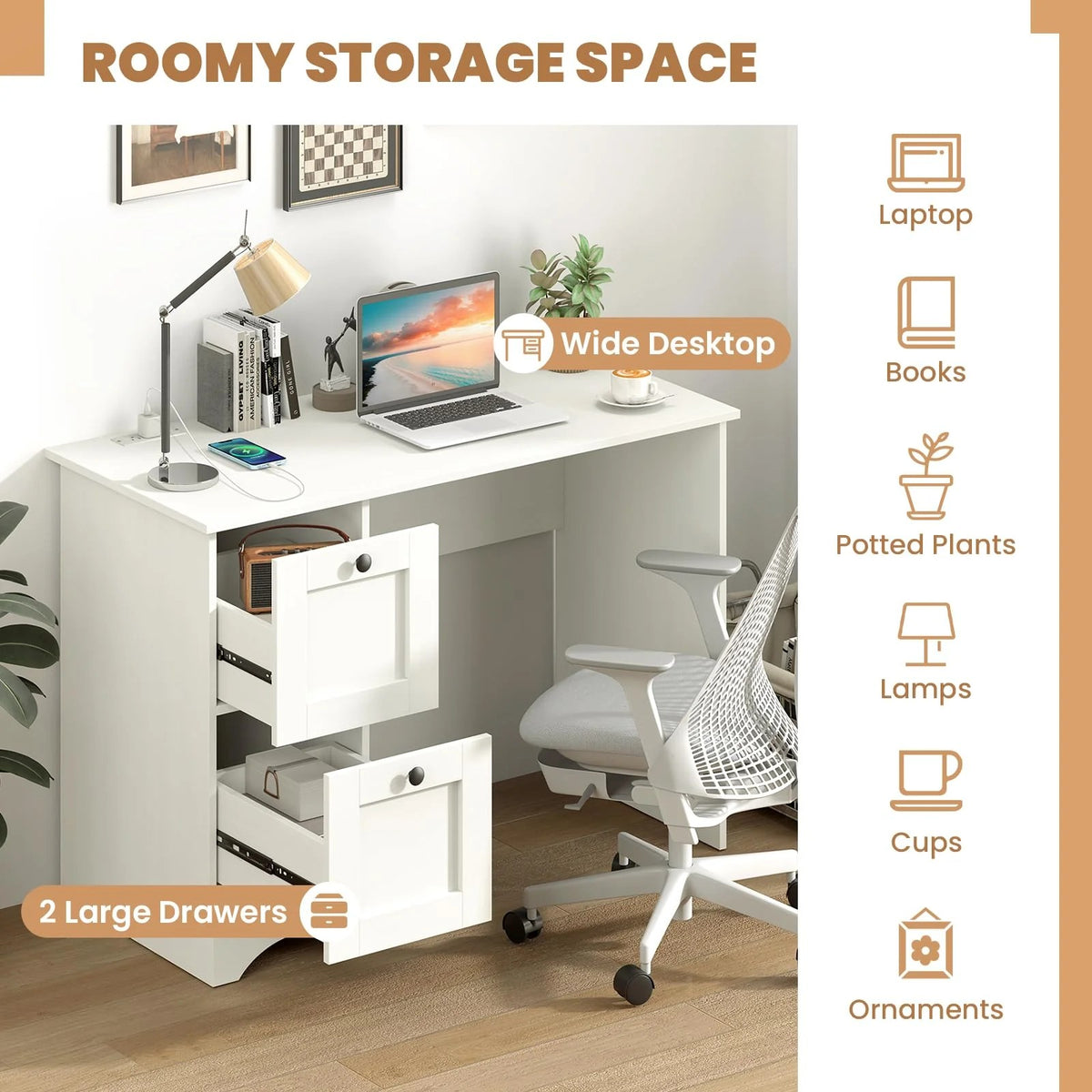 (New) Giantex White Desk with 2 Drawers, 43” Wooden Home Office Desk with Charging Station