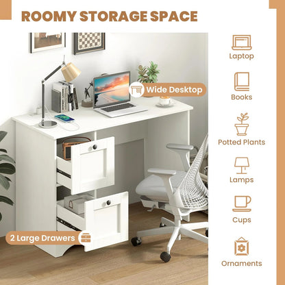 (New) Giantex White Desk with 2 Drawers, 43” Wooden Home Office Desk with Charging Station