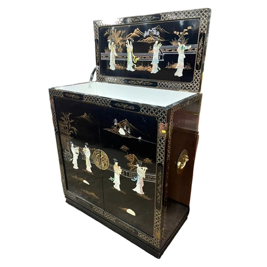 Vintage Chinoiserie Black Lacquer Dry Bar Cabinet