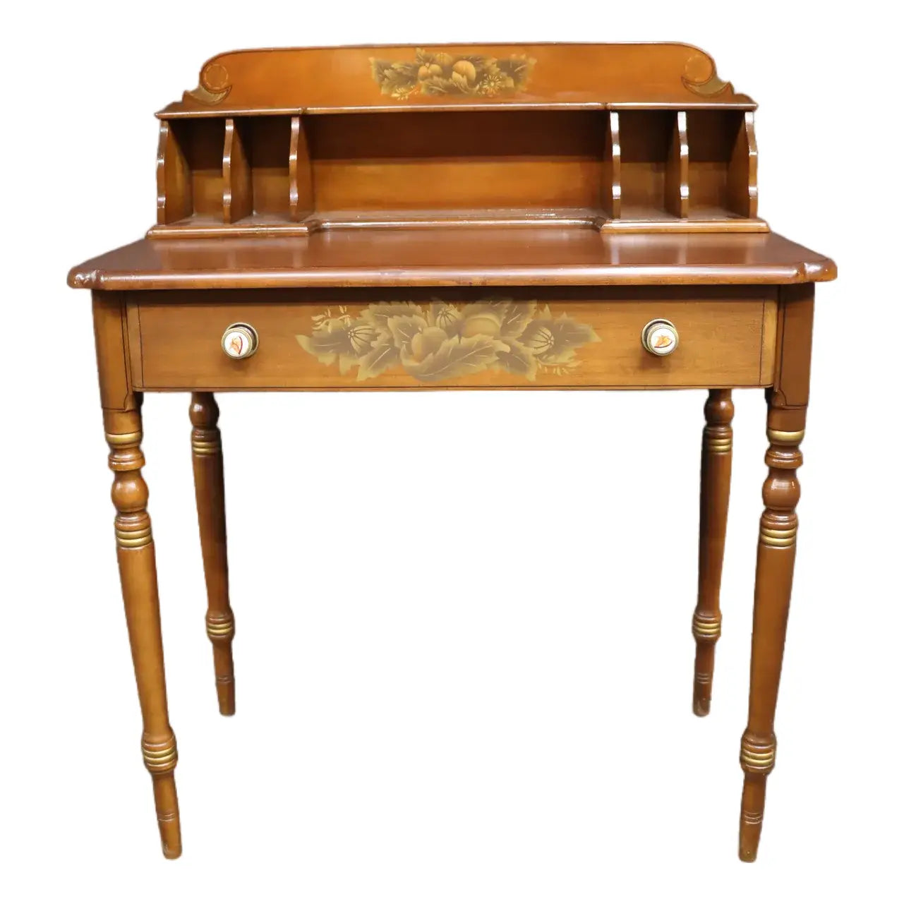 Mid-Century Hitchcock Style Cherry Writing Desk With Stenciled Fruit Decoration with Chair