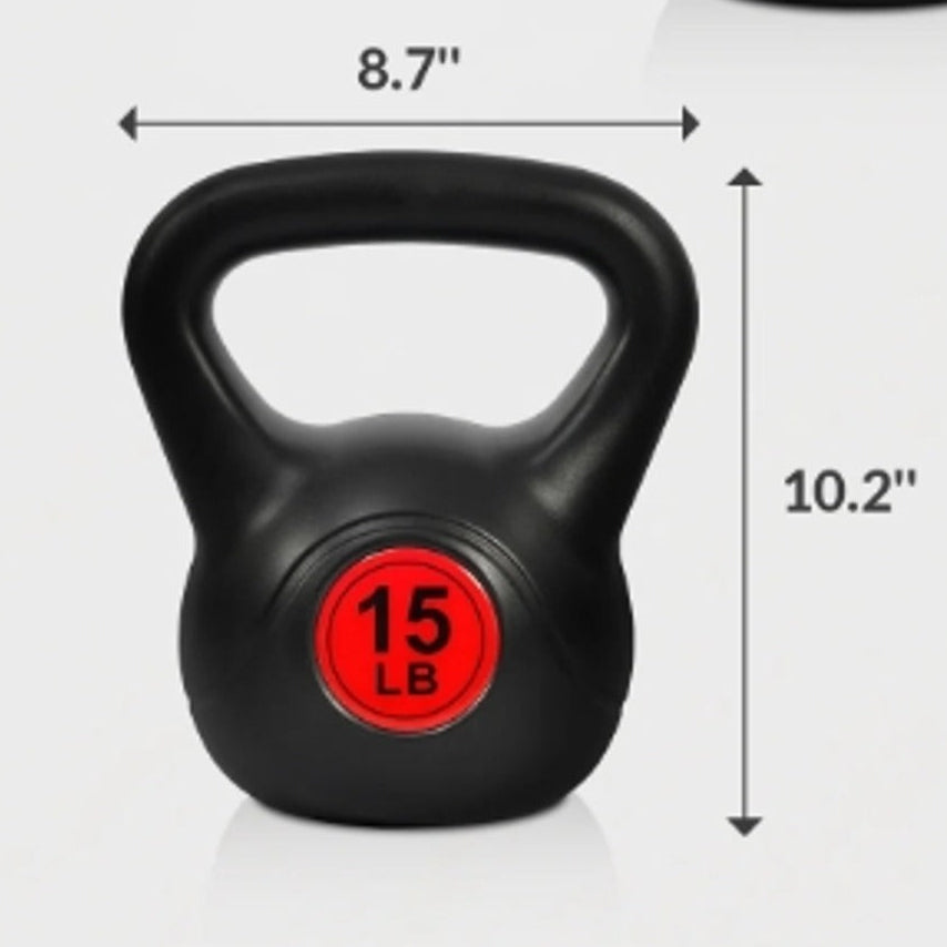 Black kettlebell with a red circular 15 LB weight sticker, shown with dimension arrows and labels indicating 8.7 inches width and 10.