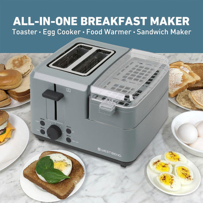 (New) West Bend Breakfast Station 2-Slice Toaster and Egg Cooker/Poacher with Removable Pre-Cooked Meat and Vegetable Warming Tray for Perfect Breakfast Sandwiches, 1200-Watts