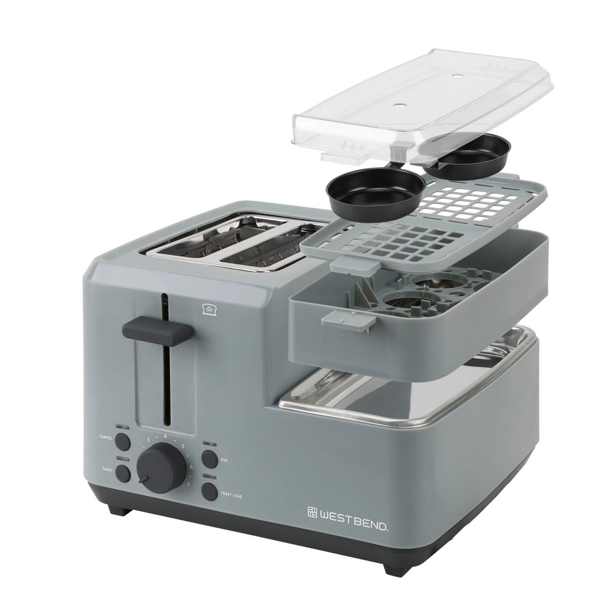(New) West Bend Breakfast Station 2-Slice Toaster and Egg Cooker/Poacher with Removable Pre-Cooked Meat and Vegetable Warming Tray for Perfect Breakfast Sandwiches, 1200-Watts